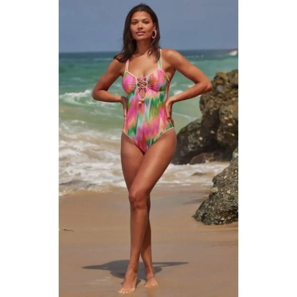 BECCA by Rebecca Virtue Women's Mirage Metallic Lace-Up One-Piece Swimsuit Small